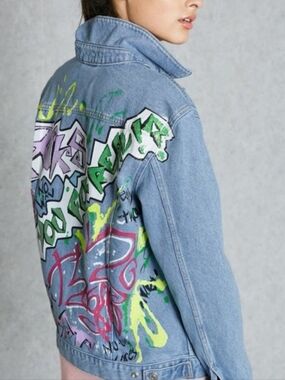 Topshop Moto Graffiti Denim Jacket Oversized Distressed Streetwear Y2k Grunge